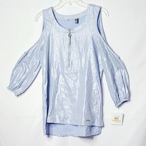 NWT Ellen Tracy foil chambray cold shoulder top Sm